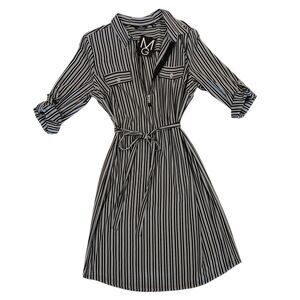 Mlle Gabrielle Dress Black White Striped Roll Tab Sleeve Zip Front New W/ Tag XL